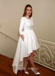 High Low Modest Short Wedding Dresses With 3/4 Sleeves Jewel Neck Short Front Long Back Vintage Informal Reception Gowns With Pockets