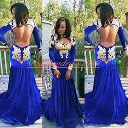 Trendy Velvet Backless Mermaid Prom Dresses Gold Long Sleeve Plus Size Robe De Soire Black Girl Evening Dresses Party African Formal Gowns