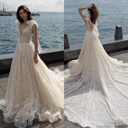 2020 Riki Dalal Champagne Wedding Dresses A Line Sweep Train Glitter V Neck Beach Wedding Dress Custom Made Backless Boho Bridal Gowns 4530