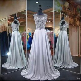 Prom Dresses A Line Chiffon Sleeveless Beaded Jewel Neck Crystals Long Formal Evening Dresses Party Gown With Illusion Back