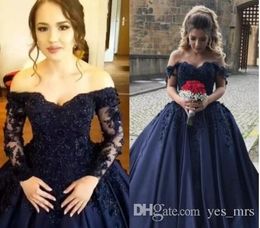 2020 Navy Blue Quinceanera Dresses Ball Gown Off Shoulder 3D Flower Lace Appliques Beaded Sweep Train Satin Corset Prom Evening Gowns Wear