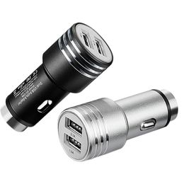 Dual USB Car Charger Aluminum Alloy Safety Hammer 2A Metal Chargers Adapter Universal for Samsung Cellphone 200pcs