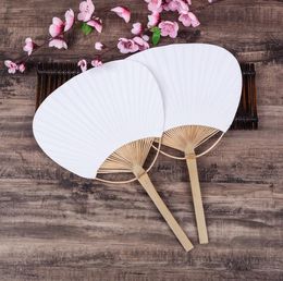 Large Paper Fan with Bamboo Handle Two Sided Blank Fans DIY White Round Hand Fans SN3136