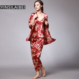 YINSILAIBEI Women Satin Sleepwear Female Silk Pyjama Sets Ladies Pyjamas Plus Size Dragon Print Women Home Clothing Homewear #10 T200529