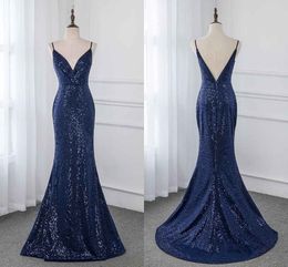 Sexy Navy Bridesmaid Dresses Deep V neck With Straps Backless Sparkly Sequin Mermaid Cheap Wedding Guest Party Prom Formal Dress Cheap