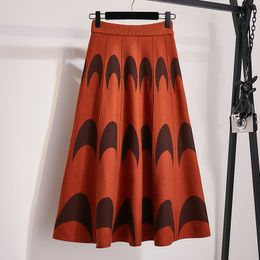 Wholesale-Winter Autumn 2019 Skirts Womens Knitting Wool Pleated Long Skirt Moon Print High Waist Elastic Large Hem Midi Skirts