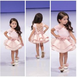 New Cute Pink Short Toddler Girl Sashes Hand Made Flower Backless Ball Gown Party Dresses For Kids First Communion Dress