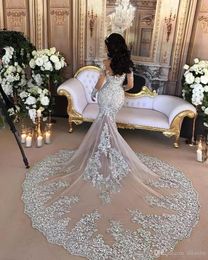 Dubai Arabic Luxury Wedding Dresses Sexy Bling Beaded Lace Applique High Neck Illusion Long Sleeve Mermaid Bridal Gowns With Long 2480