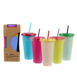 Hot selling Plastic Temperature Change Color Cups Cold Water Color Changing Coffee Cup Colorful Straws Mug 5 pcs/set T9I00373