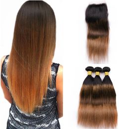 #1B/4/30 Dark Auburn Ombre Malaysian Hair 3Bundles with 4x4 Lace Closure Black brown to Auburn Straight Human Hair Wefts with Closure