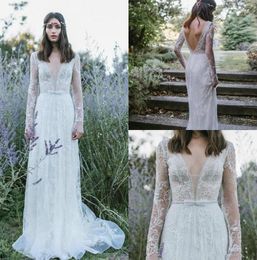 Lihi Hod 2020 New Wedding Dresses V Neck Long Sleeve Lace Boho Bridal Gowns See Through Backless Beach Country Trumpet Wedding Dress Simple