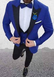 Brand New Royal Blue Groom Tuxedos Black Lapel Groomsmen Mens Wedding Dress Fashion Man Jacket Blazer 3Piece Suit(Jacket+Pants+Vest+Tie)811