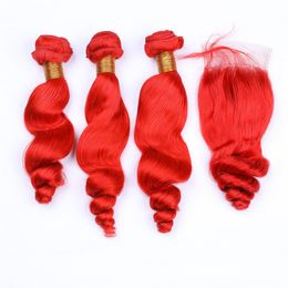 Loose Wave Bright Red Human Hair Bundles Deals 3Pcs with Closure Wavy Red Colored 4x4 Lace Front Closure with Weaves Indian Virgin Hair