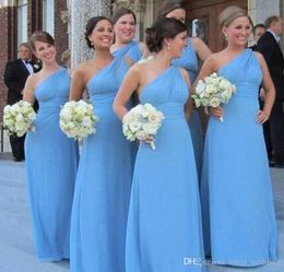 2019 Cheap Sky Blue Chiffon Bridesmaid Dress One Shoulder Garden Country Formal Wedding Party Guest Maid of Honour Gown Plus Size Custom Mad