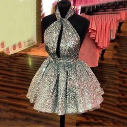 Sparkly Sequined High Halter Short Prom Dresses Party Ball Gowns Open Back Special Occasion Dress For Girls Evening Gowns Formal Elegant