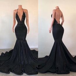 Black Mermaid Backless Prom Dresses Deep V Neck Beaded Appliqued Evening Gowns Sweep Train Plus Size Formal Dress