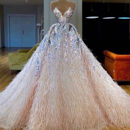 Dubai Luxury Feather Evening Dresses 2020 Sparkle Sequins Sweetheart Modern Prom Gowns Vestido De fiesta Formal Dress
