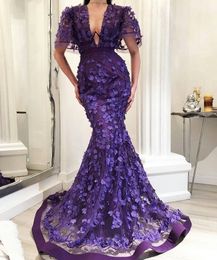 Purple Mermaid Evening Dresses V Neck Lace 3D Floral Appliqued Pearl Gorgeous Prom Dress Custom Made Plus Size Vestido De Novia Short Sleeve