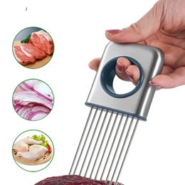 Wholesale Stainless Steel Onion Holder Tomato Slicer Vegetable Cutter potato Cuter Helper Anti-slip Needle Kitchen Gadgets