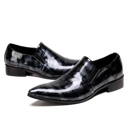 Fashion Men Shoes Genuine Leather Pointed Toe Wedding Business Dress male paty prom shoes Large Size Plaid Formal Shoes Office