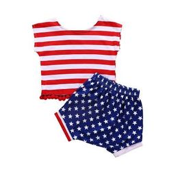 Hot Kids Cloth Independence Day Baby Girls Style 2 Pcs Suit Children New Striped Fringe Sleeveless Shirt With Star Pattern Shorts Kids Clot