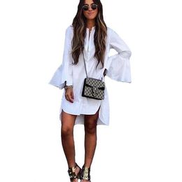 New Women White Flare Sleeve Shirt Dress Summer Fashion O Neck Straight Elegant Woman Bloues Casual Women's Clothing Tops