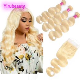 Indian Human Hair Bundles With 4x4 Lace Closure 4 Pieces/lot 613# Blonde Virgin Hair Extensions Body Wave 8-28inch