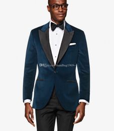 Classic Style One Button Navy Blue Velvet Groom Tuxedos Peak Lapel Groomsmen Mens Suits Wedding/Prom/Dinner Blazer (Jacket+Pants+Tie) K435