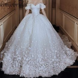 hand size chart UK - Ball Gown Wedding Dresses Off the Shoulder Lace Hand Made Flowers 3D Short Sleeve Puffy Floor length Bridal Dresses Gowns Arabic