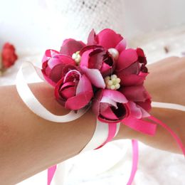 Wholesale-2016 Wedding Ornaments Silk Bridal Bridesmaid Handmade Bouquet Hand Flowers Wrist Corsages 5Color 1pcs