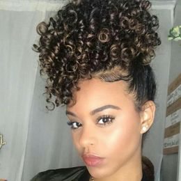 Human Hair Curly Ponytail,Short Elastic Drawstring Ponytail African American Afro Kinky Curly Hair Extension, Puff Ponytail Hair with Clips