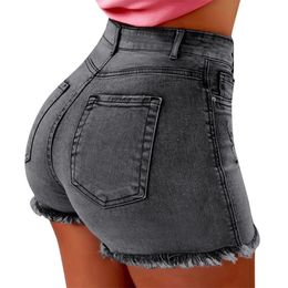 Women Summer Denim Shorts Sexy Frayed Raw Push Up 5 Pockets High Waist Skinny Stretch Fitted Body Enhancing Denim Shorts Jeans