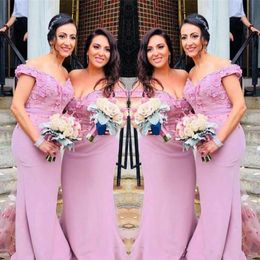 Pink Satin Long Bridesmaid Dresses For Wedding Plus Size Off Shoulder Lace Appliques Mermaid Maid Of Honour Gowns Cheap Bridesmaid Dress