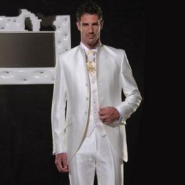 New Style Groom Tuxedos Shinny Ivory Men Wedding Tuxedos Mandarin Lapel Men Jacket Blazer Fashion 3 Piece Suit(Jacket+Pants+Tie+Vest) 1683