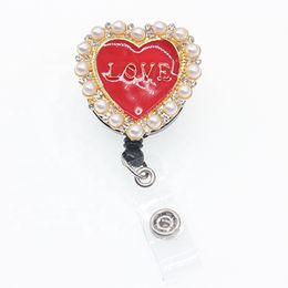 Fashion Key Rings Personalised Gold Alloy Rhinestone Heart Shape With LOVE ID Holder Pearl Retractable Badge Reel For Nurse/Monther/Girl