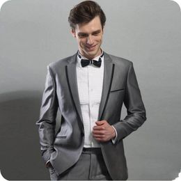 Fashion Shinny Grey Groom Tuxedos Notch Lapel Groomsmen Wedding Tuxedos Popular Men Formal Blazer Prom Jacket Suit(Jacket+Pants+ Tie) 1589