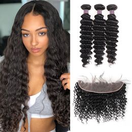 Ishow Indian Virgin Human Hair Bundles With Closure 8A Brazilian 3Bundles with 13*4 Lace Frontal Deep Wave Extensions 8-28inch for Women Girls Natural Color