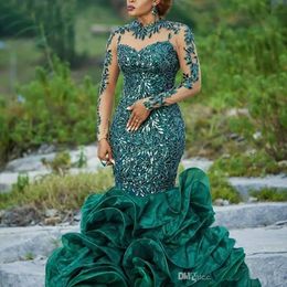 Dark Green Long Sleeve Mermaid Africa Evening Dresses Sequins Lace Ruffle Formal Evening Gowns Sheer Neck Zipper Back Prom Dress