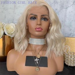 Synthetische Spitze, Platinblond, gewellt, Simulation von Echthaar-Perücken, 13 x 4 Lace-Front-Perücken, kurze, gewellte, blonde, volle Spitze-Front-Perücke für Frauen