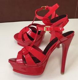 Hot Sale-dals Women Peep Toe Cross Strap Platform Sandals Women Fashion Real Leather 14 cm High Heel Shoes