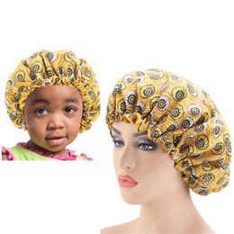 2PCS/SET Stain Silky Big Bonnet for Parent Kids African Print Ankara Bonnet Women Children Sleep Cap Headwrap Hat Hair Wrap