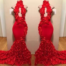 Mermaid Rose Flowers Prom Dresses Red High Neck Floor Length Holidays Party Gowns Plus Size Custom Made