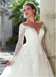 Elegant Lace A-Line Wedding Dresses Illusion Neckline Long Sleeve Vestios De Novia Tulle Applique Custom Made Sexy Back Bridal Wed194w