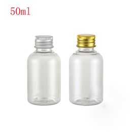 50ml empty clear plastic bottles with aluminum caps for cosmetics packaging,1.7oz bottle containers travel PET empty with lids