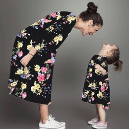 Mother And Daughter Clothes Colourful Flower printed Matching Family Clothing Antlers Sleeve Striped Mother And Daughter Dresses Mommy And Me