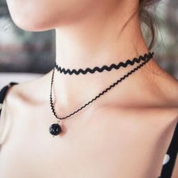 new korean jewelry double sweet princess fashion pearl pendant necklace lace wavy necklace clavicle chain for love sexy black