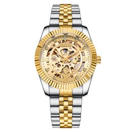 CHENXI Gold Bezel Wristwatch Skeleton Hollowout Luminous Pointer High Quality Analog Dial Face Stainless Steel Buckle Folding Buckle