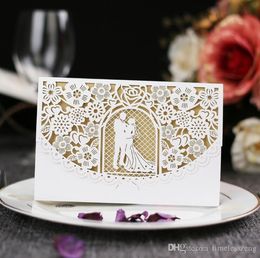 Elegant bride and bridegroom wedding invitation card with envelope modern hollow out laser cut cover personalized party invites card