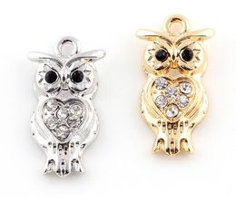 20PCS/lot 14x26mm (Golden,Silver Color) Rhinestones Animal Owl Hang Pendant Charms Fit For DIY Floating Dangle Locket Jewelrys