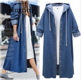 2020 Women's Windbreaker Women's Coat Plus Size Denim Coat Hooded Split Maxi Long Sleeve Denim